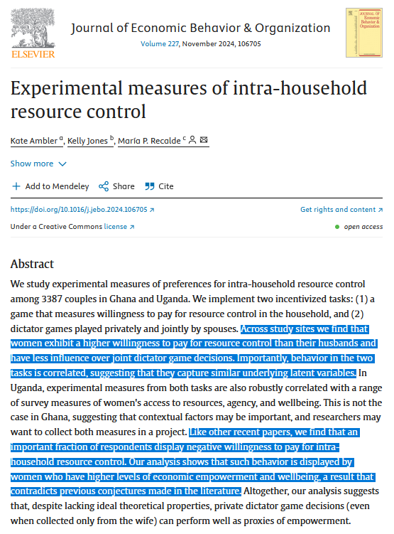 Great paper on experimental measures of bargaining power in 🇬🇭 &amp; 🇺🇬 w/ lots of takeaway nuggets!

Must read for the women's agency measurement crowd

<a href="/ambler_kate/">Kate Ambler</a> @kmpjones &amp; Recalde in JEBO cc. <a href="/IFPRI/">IFPRI</a> 

doi.org/10.1016/j.jebo…