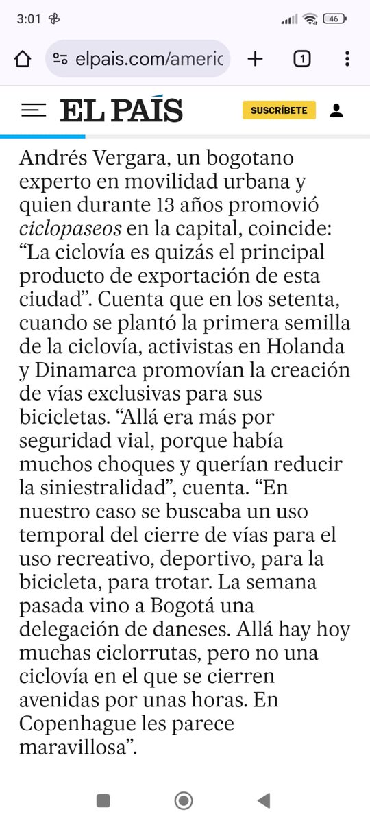 <a href="/ElPaisAmericaCo/">EL PAÍS América Colombia</a> escribió un artículo muy interesante sobre #ciclovia50, para que lo lean. Tuvo en cuenta voces como <a href="/osarmien_/">Olga Lucia Sarmiento</a>, <a href="/CicloviasCRA/">Ciclovías Recreativas</a> <a href="/GuerreraCasas/">Marcela Guerrero Casas</a> o Ricardo Montezuma elpais.com/america-colomb…
