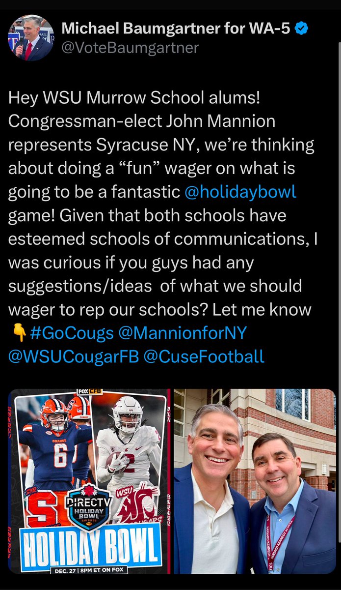 John Mannion for NY (@mannionforny) on Twitter photo We know communications at @SyracuseUniversity - so let’s send the perfect message to @votebaumgartner and <a href="/WSUCougarFB/">Washington State Football</a> - what are your ideas for a friendly <a href="/holidaybowl/">DIRECTV Holiday Bowl</a> wager? @cusefootball <a href="/NewhouseSU/">Newhouse School</a> We know communications at @SyracuseUniversity - so let’s send the perfect message to @votebaumgartner and <a href="/WSUCougarFB/">Washington State Football</a> - what are your ideas for a friendly <a href="/holidaybowl/">DIRECTV Holiday Bowl</a> wager? @cusefootball <a href="/NewhouseSU/">Newhouse School</a>