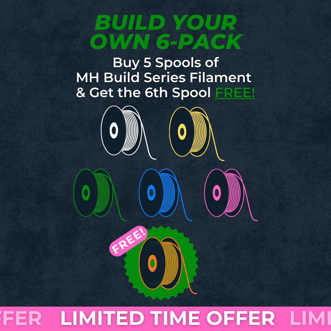 MatterHackers's tweet photo. Create your own #filament #bundle with #MatterHackers' #BundleBuilder: choose from a variety of #materials and #colors, buy five #spools, and get the sixth #free. Perfect for #experimenting and #saving!

Build your own #6Pack today at the link below:
https://t.co/oBYfHohWPg https://t.co/2TkAxcuNUA