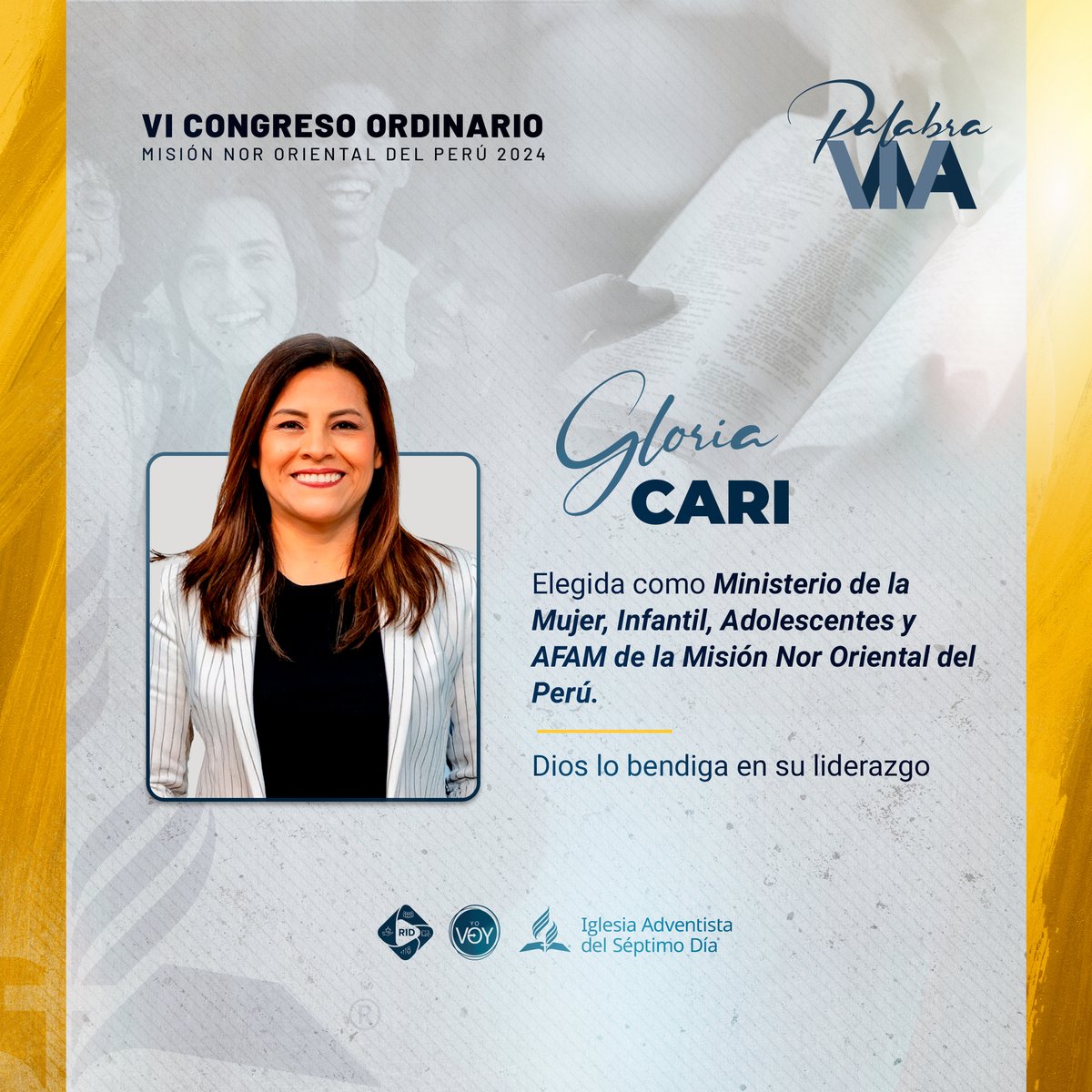 Adventist_minop's tweet photo. 📷 Con alegría anunciamos: Gloria Cari de Obando , elegida como Departamental Ministerio de la Mujer, Infantil, Adolescentes y AFAM en el #VICongresoMiNOP; para liderar con compromiso en favor del avance de la obra evangelística. 📷 ¡Oramos por su ministerio!
#PalabraViva https://t.co/0ryQMYNGMB