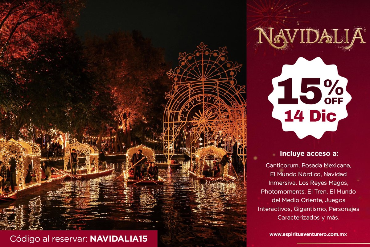 ¡¡¡Disfruta de Navidalia y Tlaquepaque con 15% de descuento!!! ✨ 

Con el código "NAVIDALIA15" al reservar.

¿Listo para vivir la magia de la Navidad en Navidalia y explorar el encanto de Tlaquepaque? 🎄✨🎉🛤️

💸 Precio desde: $1,978 pesos
📅 Próxima Fecha: 14, 21 y 28 de