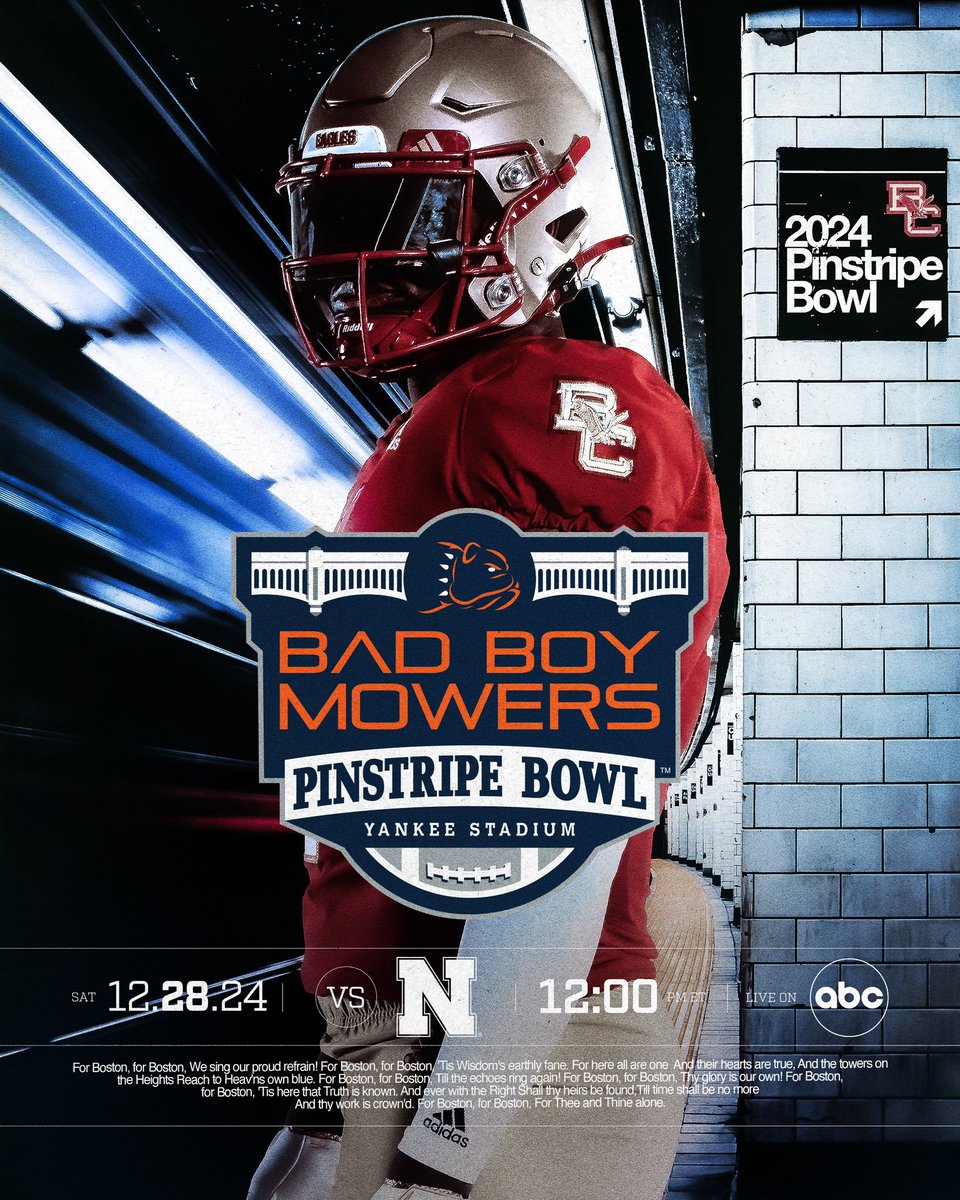 Boston College Eagles (@bceagles) on Twitter photo Eagles Taking Over New York 🦅
Join us on Saturday, December 28 as <a href="/BCFootball/">Boston College Football</a> faces Nebraska in the Bad Boy Mowers Pinstripe Bowl. Secure your tickets today!
Tickets: bit.ly/BCPinstripe Eagles Taking Over New York 🦅
Join us on Saturday, December 28 as <a href="/BCFootball/">Boston College Football</a> faces Nebraska in the Bad Boy Mowers Pinstripe Bowl. Secure your tickets today!
Tickets: bit.ly/BCPinstripe
