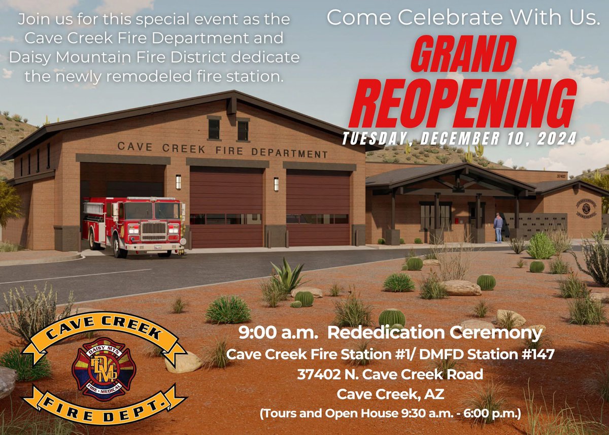 Grand ReOpening TOMORROW!! 🚒 

Cave Creek Fire Station #1/ DMFD Station #147
37402 N. Cave Creek Road, Cave Creek 

Starts at 9:00am
Tours and open house 9:30am to 6:00pm.

We encourage attendees to park in the Town Hall parking lot and use the shuttle service to the station.