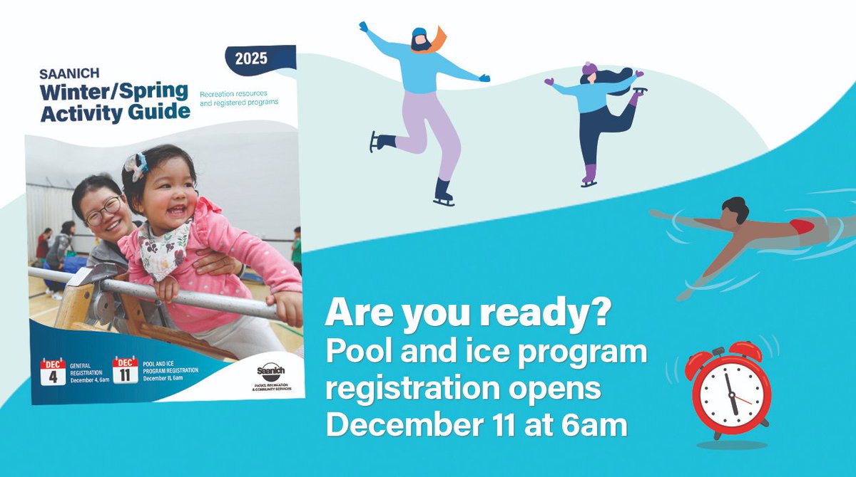Set those alarms! Pool and ice program registration opens December 11 at 6am.

Check the Activity Guide, prepare your online wish list and get ready to register.

View the Winter/Spring Activity Guide at saanich.ca/winter
