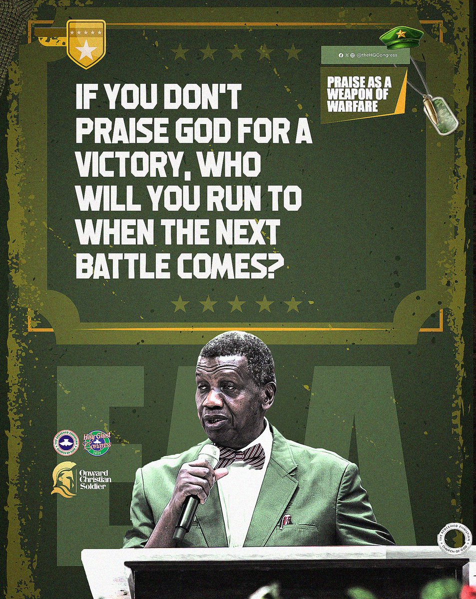 PastorEAAdeboye's tweet photo. If you don't praise God for a victory, who will you run to when the next battle comes?

Day 1: Praise Jam
#HGC2024
#OnwardChristianSoldiers https://t.co/GjeCGTBlGF