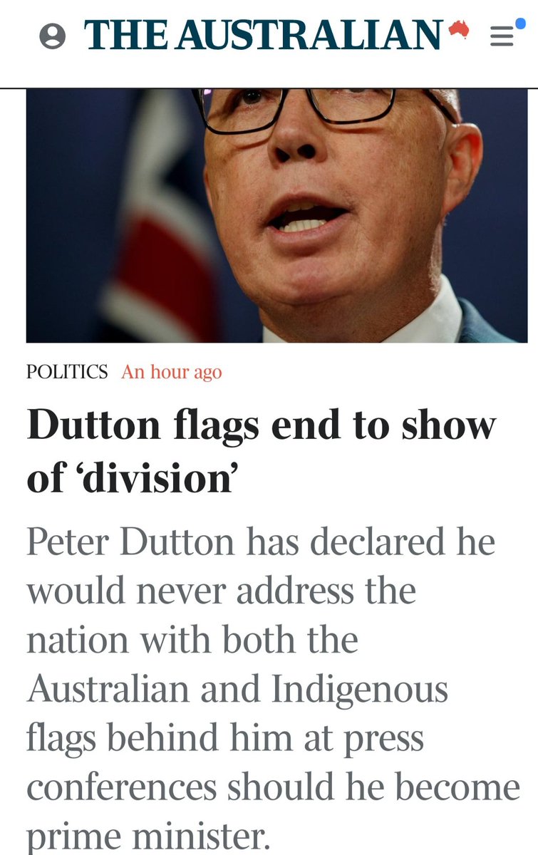 Dazzaat's tweet photo. The only politician to walk out on the Apology to The Stolen Generation wants to bring the country together by not displaying the Indigenous flag behind him? https://t.co/FN9ndwGI2b