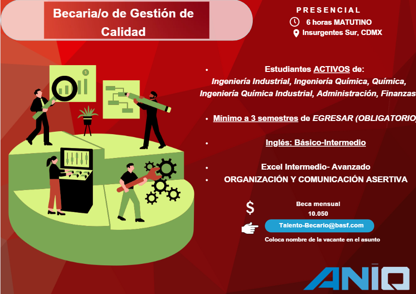 CPInst_ipn's tweet photo. ¡BASF te invita a postularte como Becario/a de Gestión de Calidad!
👨‍🎓 Atención estudiantes a 3 semestres.

6 horas diarias - CDMX
Beca mensual: $10,050

Requisitos clave:
✔ Inglés básico
✔ Excel avanzado
✔ Habilidades organizativas

📩 Envía tu CV a talento-becario@basf.com https://t.co/1ZdmkJi28E