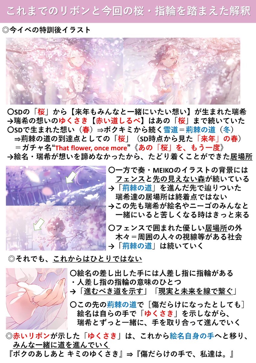 prsk_hi's tweet photo. 「傷だらけの手で、私達は」イベントの特訓後イラストを見て思ったことをまとめました
「シークレット・ディスタンス」から始まった赤いリボンの結末についての個人的な解釈です https://t.co/NAcXtiacHc