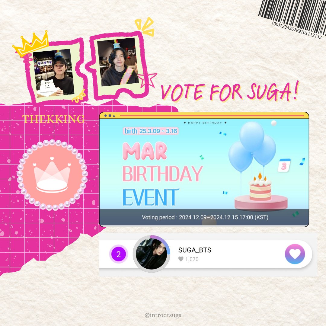 Introdtsuga's tweet photo. [🗳️ THEKKING | March Birthday]

C.rank: #2 
Gap with #2: 4.203

Voting has begun, and Suga is currently in 2nd place! Let’s unite and show our support to push him to the top

Rewards: 
🎁 Birthday Cafe

🗓 End : 15/12/24 17:00 KST
🗂 link tutor : https://t.co/Ke0nNTEUIW
🔗 link vote : https://t.co/HPeoZXqFwa

VOTE FOR SUGA
#SUGA #BTSSUGA #방탄소년단슈가 #슈가 #AgustD