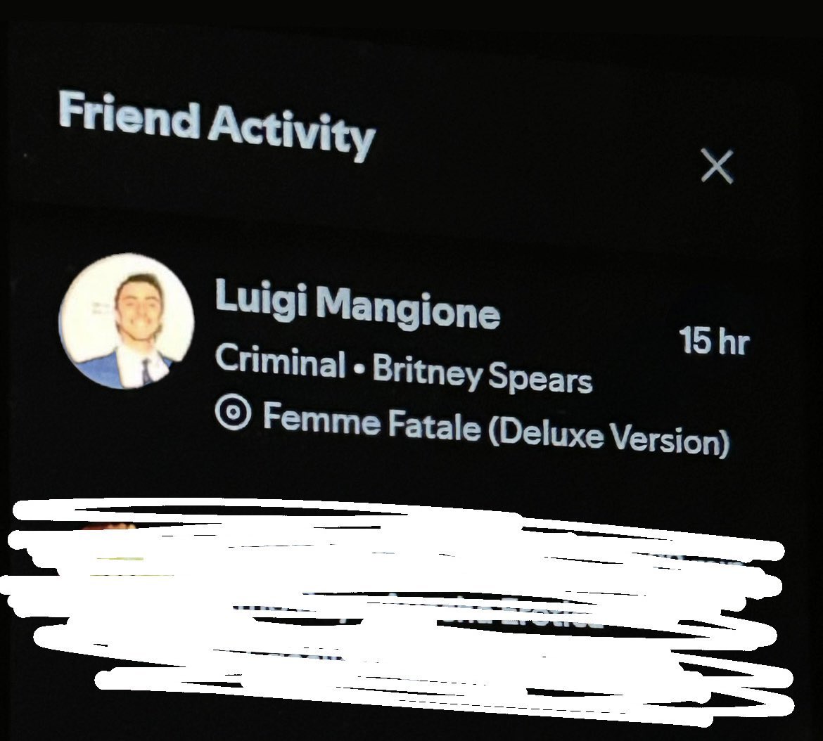 BritneyTheStan's tweet image. Luigi Mangione was streaming Criminal by Britney Spears 15 hours before his arrest.