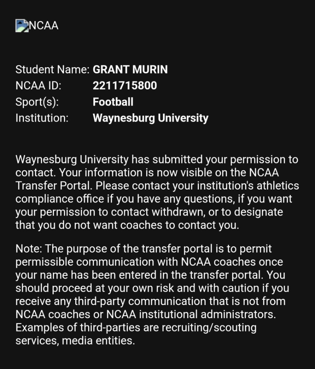 grant_mur's tweet photo. I have made the decision to enter the Transfer Portal. I am incredibly blessed to have played at Waynesburg, and will forever be grateful to the coaching staff for their guidance and support.

3 yrs of eligibility (including redshirt) https://t.co/FNmVi06tsX