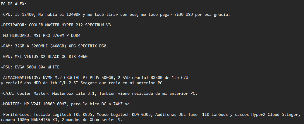 SixAlex30's tweet photo. @Helion_1ero Tengo que destacar que, en el caso de las rams lo más coherente era comprar 2x16 para los 32gb, pero en ese momento solo podía comprar los 16gb y por eso ahora tengo 4x8gb D: 
En cuanto a la cantidad de SSD'S y HDD'S, sencillamente me gusta tener todos mis juegos descargados. xd https://t.co/mkxH0VI4tq
