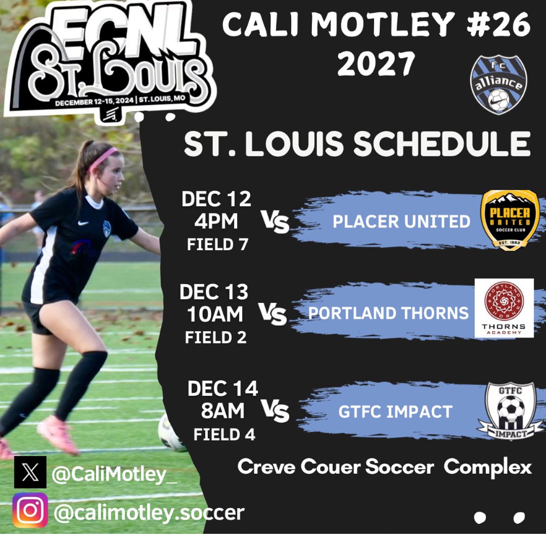 CaliMotley_'s tweet photo. So excited for the ECNL St. Louis Showcase this week! Come watch me and my team play! @ImYouthSoccer @ECNLgirls https://t.co/1fmyG61bWb