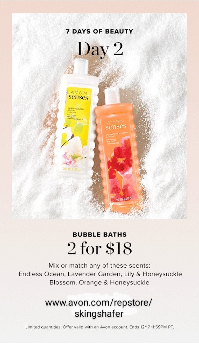 ItsSybCalling's tweet photo. Avon's having 7 Days of Beauty!

DAY 2: 🫧🛁 Bubble Bath 

2 for under $18

👩‍💻📱Avon Online Store:
https://t.co/OuuIEFy9hU

🗓⏰ Days of Beauty ️ ends 12/17@11:59pm PT 

#ItsSybCalling Avon Independent Ambassador
#avoninsider @AvonInsider https://t.co/gvBhzwVqpC