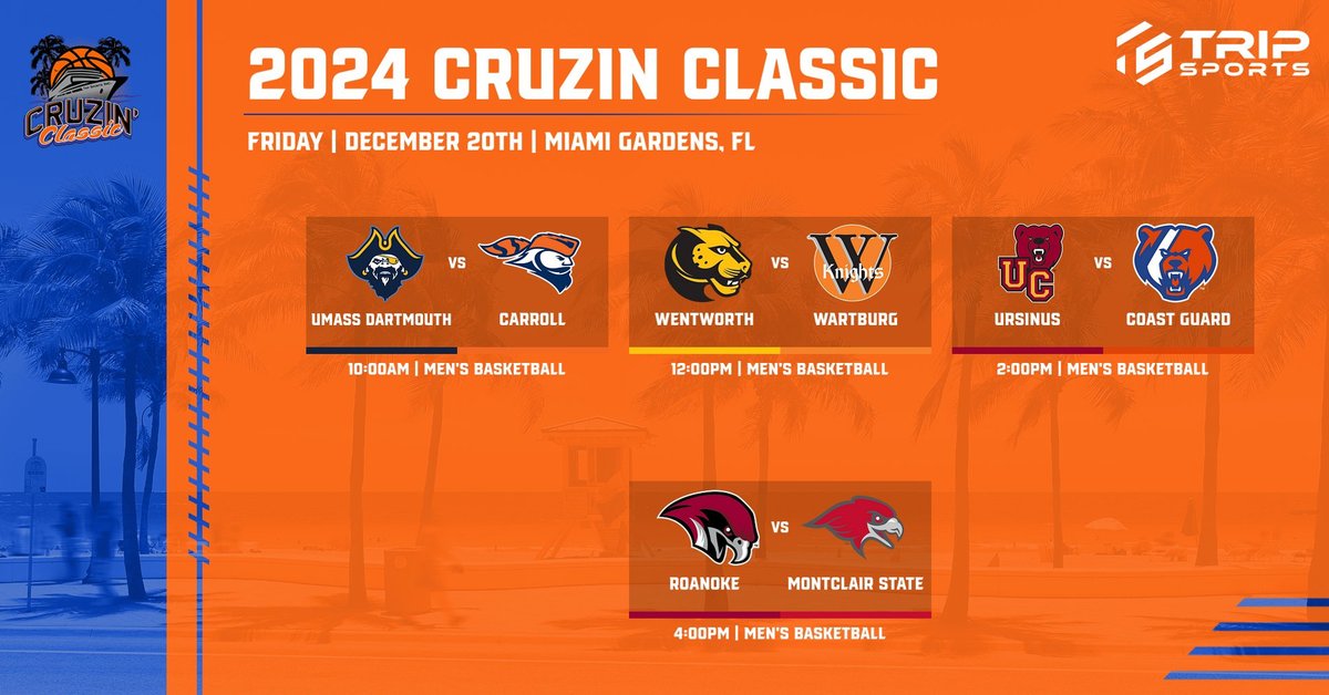 Trip Sports (@tripsportsinc) on Twitter photo We have SEVEN games on the schedule tomorrow at the #CruzinClassic Four MEN'S games are taking place at St. Thomas University. #mensbasketball <a href="/Pio_CarrollMBB/">Carroll U Basketball</a> <a href="/UMassDMensHoop/">UMass Dartmouth Men’s Basketball</a> <a href="/Montclair_MBB/">Montclair State MBB</a> <a href="/RoanokeMBB/">Roanoke Men's Basketball</a> <a href="/CoastGuard_MBB/">Coast Guard Basketball</a> <a href="/UrsinusMBB/">Ursinus Basketball</a> <a href="/WartburgMBBall/">Wartburg Men's Basketball</a> <a href="/WITMBB/">Wentworth Basketball</a> We have SEVEN games on the schedule tomorrow at the #CruzinClassic Four MEN'S games are taking place at St. Thomas University. #mensbasketball <a href="/Pio_CarrollMBB/">Carroll U Basketball</a> <a href="/UMassDMensHoop/">UMass Dartmouth Men’s Basketball</a> <a href="/Montclair_MBB/">Montclair State MBB</a> <a href="/RoanokeMBB/">Roanoke Men's Basketball</a> <a href="/CoastGuard_MBB/">Coast Guard Basketball</a> <a href="/UrsinusMBB/">Ursinus Basketball</a> <a href="/WartburgMBBall/">Wartburg Men's Basketball</a> <a href="/WITMBB/">Wentworth Basketball</a>