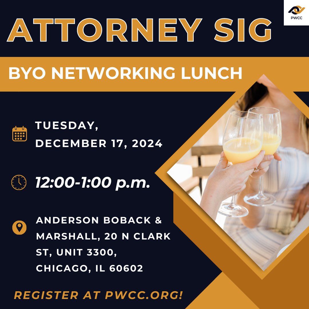 PWCChicago's tweet photo. Join our Attorney SIG for a BYO Networking Lunch on 12/17!

🗓️Tuesday, December 17, 2024
⏰ 12:00-1:00 pm
📍ANDERSON BOBACK &amp; MARSHALL, 20 N Clark St, Unit 3300, Chicago, Il 60602

REGISTER: https://t.co/3NHzQCo6Lg

#PWCChicago #WomenNetoworking #AttorneySIG https://t.co/WjoitahBs0