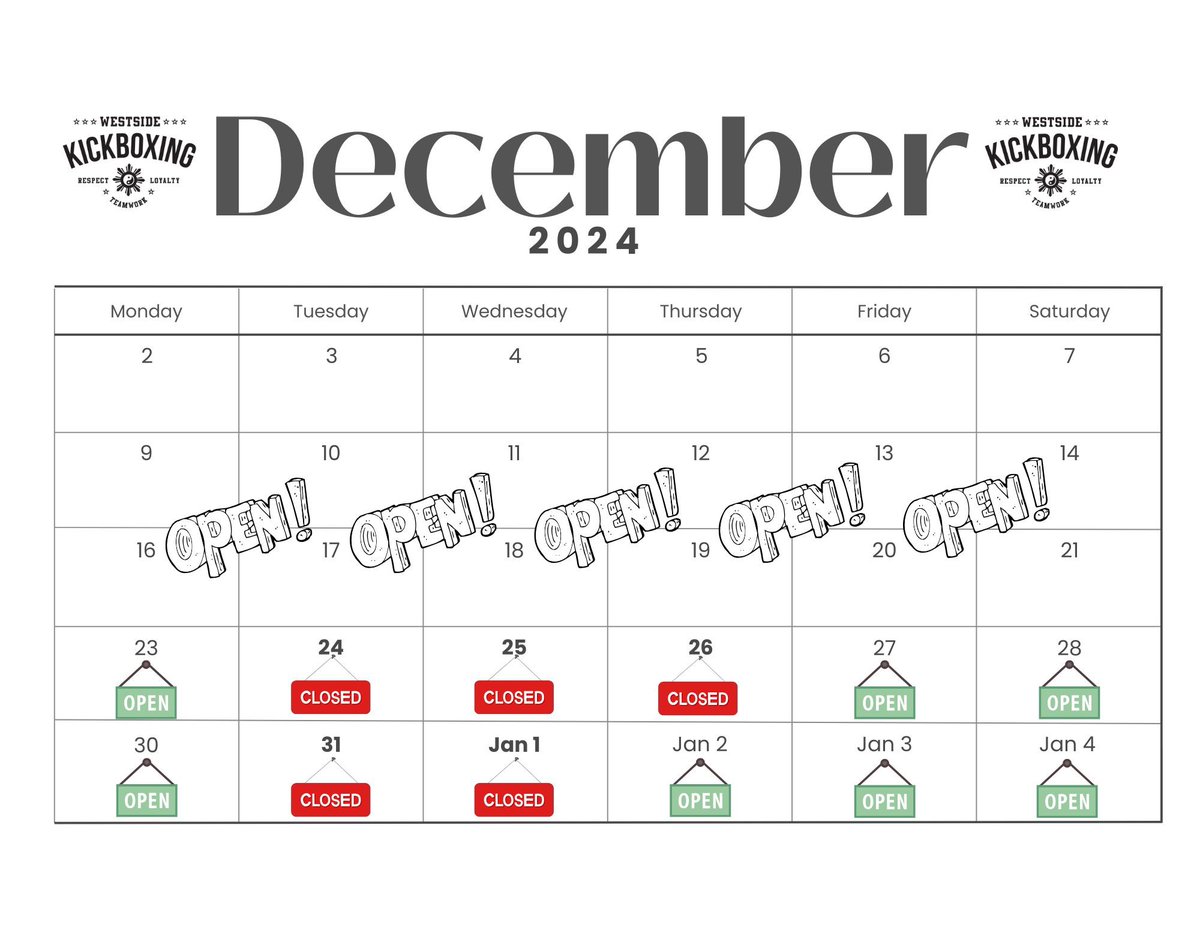 westsidekickbox's tweet photo. December Class Schedule

We are OPEN for all scheduled classes throughout December, except on:

Tuesday, Dec 24 - CLOSED
Wednesday, Dec 25 - CLOSED
Thursday, Dec 26 - CLOSED
Tuesday, Dec 31 - CLOSED
Wednesday, Jan 1 - CLOSED

Let’s keep the momentum this holiday season! https://t.co/mFq6D7rewi