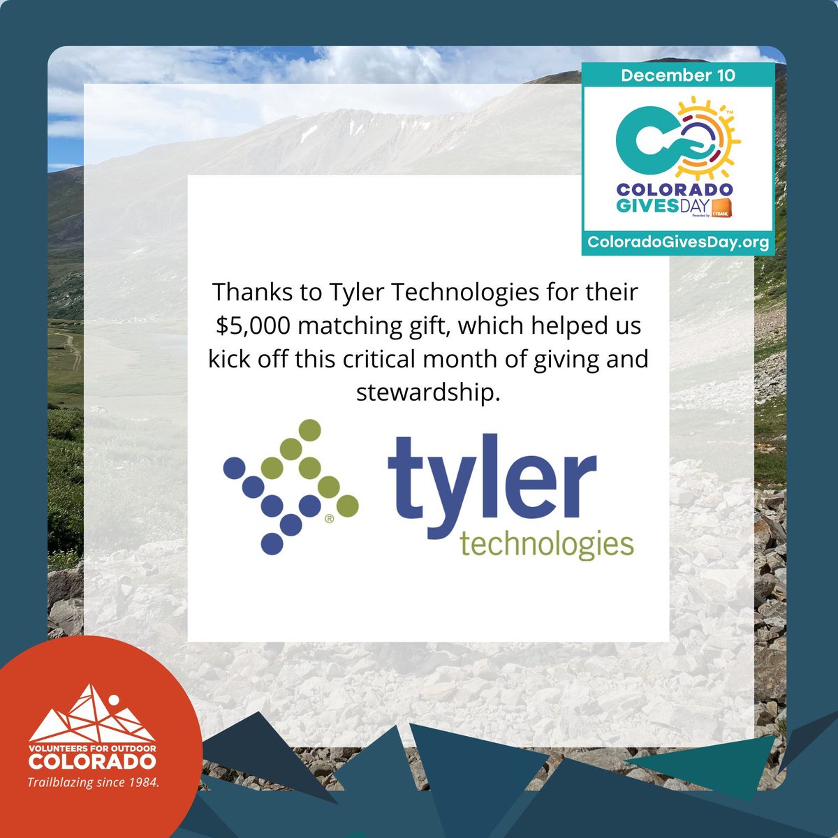🌟 Huge thanks to Tyler Technologies for their $5K match that kicked off December in support of Colorado’s outdoors! 🌟
Your donation fuels vital work to protect trails and parks like Mt. Democrat &amp; Ridgway State Park. Let’s keep it going!
Donate today at buff.ly/3NeJzOS