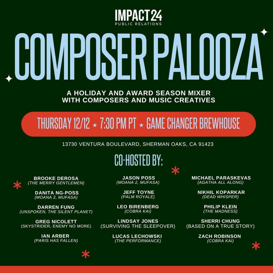 Join us for our Composer Mixer co-hosted by
<a href="/brookederosa/">Brooke deRosa</a>, Danita Ng-Poss, Jason Poss, <a href="/stinkyrice/">Darren Fung</a>, <a href="/GregNicolett/">Greg Nicolett, Composer</a>, @ianarber, <a href="/JeffToyne/">Jeff Toyne</a>, <a href="/leobirenberg/">Leo Birenberg</a>, <a href="/zachrobinson/">Zach Robinson</a>, <a href="/mrlindsayjones/">lindsay jones</a>, Lucas Lechowski, Michael Paraskevas, @nikhilkmusic, <a href="/pkleinmusic/">Philip Klein</a>, &amp; <a href="/Sherri_Chung/">Sherri Chung</a>! (1/2)