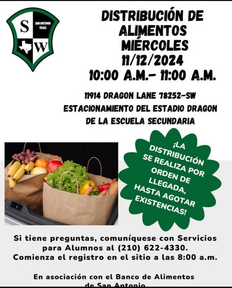 Drive-thru food distribution             Wednesday 12/11/24 10:00am -11:00am 11914 dragon lane, 78252 SW High/ School Dragon Stadium Parking Lot