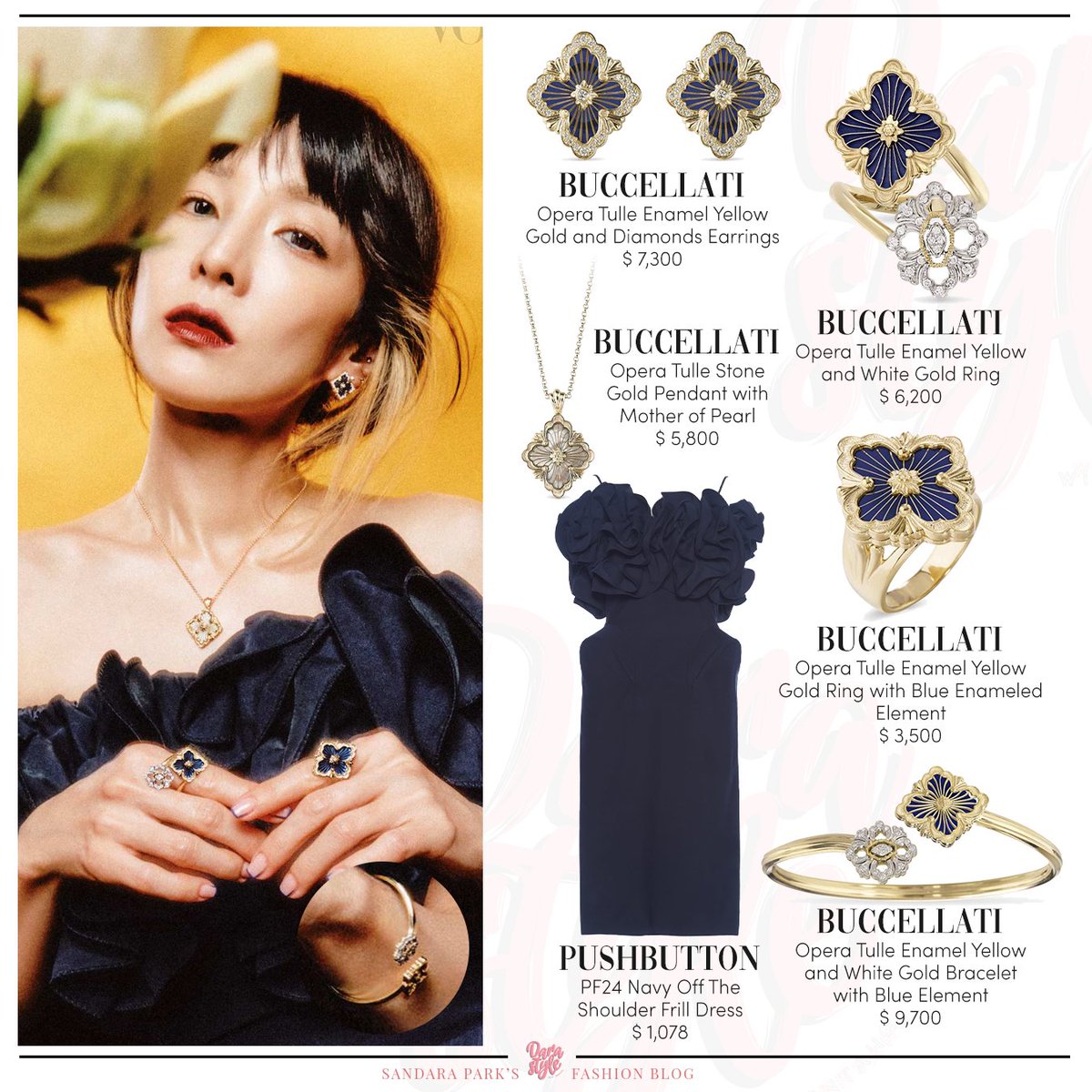 DaraStyle_'s tweet photo. [Spotted] #DARA at Vogue Singapore December 2024 Issue, wearing:

#BUCCELLATI Opera Tulle Earrings, Necklace, Rings and Bracelet in Yellow and White Gold, with Diamonds, Mother-of-Pearl, and Blue Enamel
#PUSHBUTTON Navy Off The Shoulder Frill Dress
-
#SandaraPark #산다라박 #다라 https://t.co/hyknA3ozZE