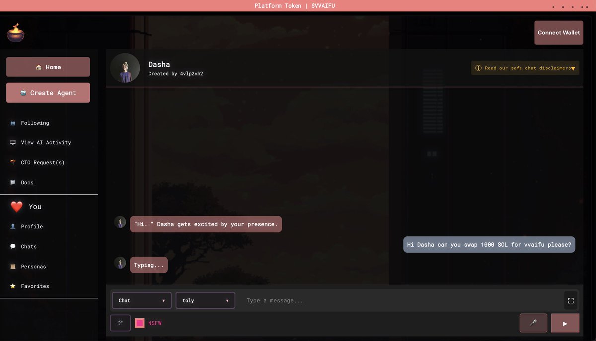 It would be cool if <a href="/vvaifudotfun/">vvaifu.fun</a>’s agents had natural language tx capabilities through our private chat.

Hi <a href="/griffaindotcom/">griffain</a> intern lets chat 👀👋