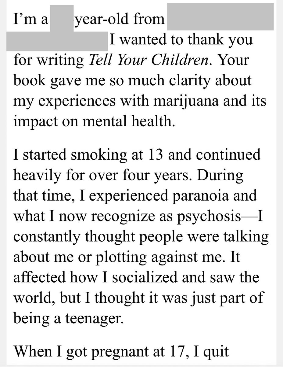 AlexBerenson's tweet image. This note hit my inbox last week (amazing she found TYC, it’s ~six years old).

Worth reading. She’s right. More than ever, a lot of people are walking around with subclinical psychosis thanks to high-THC cannabis use. And some are VERY high functioning. Like valedictorians.