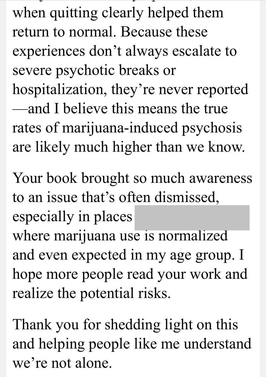 AlexBerenson's tweet image. This note hit my inbox last week (amazing she found TYC, it’s ~six years old).

Worth reading. She’s right. More than ever, a lot of people are walking around with subclinical psychosis thanks to high-THC cannabis use. And some are VERY high functioning. Like valedictorians.