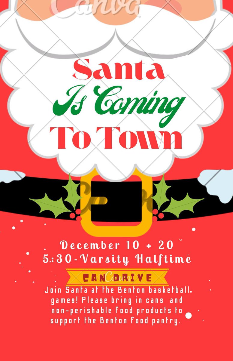 Santa will be at the basketball games TOMORROW (12/10) from 5:30 until varsity halftime collecting items to be donated to the Benton Community High School Food Bank.