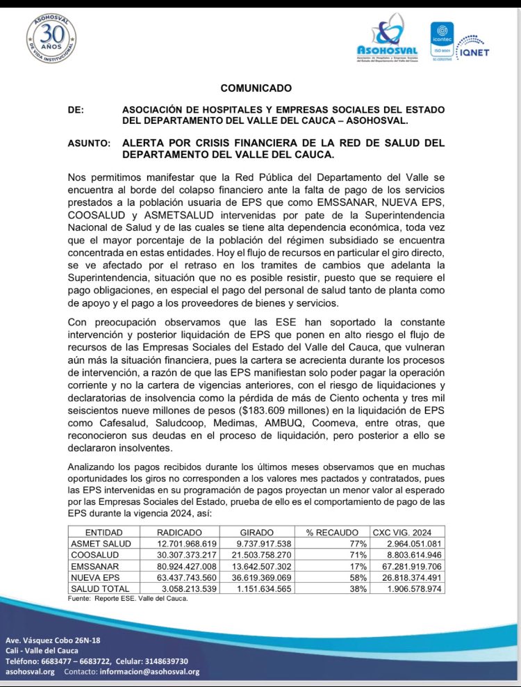 EspinosaRadio's tweet photo. “Nos permitimos informar que la red publica del departamento del Valle se encuentra al borde del colapso… ante la falta de pago de EPS intervenidas por la @Supersalud” dice comunicado de la asociación de hospitales del Valle.

¿Shú, shú, shú? https://t.co/rjImkeBkuc
