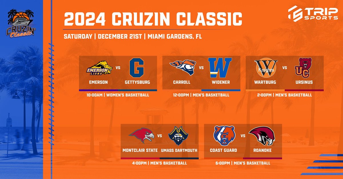 Trip Sports (@tripsportsinc) on Twitter photo We have five games on the schedule tomorrow at the #CruzinClassic #womensbasketball #mensbasketball <a href="/EmersonLions/">Emerson Athletics</a> <a href="/GburgWBB/">GburgWBB</a> <a href="/pio_carrollmbb/">Carroll U Basketball</a>, <a href="/UMassDMensHoop/">UMass Dartmouth Men’s Basketball</a>, <a href="/Montclair_MBB/">Montclair State MBB</a>, <a href="/RoanokeMBB/">Roanoke Men's Basketball</a>, <a href="/CoastGuard_MBB/">Coast Guard Basketball</a>, <a href="/UrsinusMBB/">Ursinus Basketball</a>, <a href="/WartburgMBball/">Wartburg Men's Basketball</a>, <a href="/WidenerMBB/">Widener University MBB</a> We have five games on the schedule tomorrow at the #CruzinClassic #womensbasketball #mensbasketball <a href="/EmersonLions/">Emerson Athletics</a> <a href="/GburgWBB/">GburgWBB</a> <a href="/pio_carrollmbb/">Carroll U Basketball</a>, <a href="/UMassDMensHoop/">UMass Dartmouth Men’s Basketball</a>, <a href="/Montclair_MBB/">Montclair State MBB</a>, <a href="/RoanokeMBB/">Roanoke Men's Basketball</a>, <a href="/CoastGuard_MBB/">Coast Guard Basketball</a>, <a href="/UrsinusMBB/">Ursinus Basketball</a>, <a href="/WartburgMBball/">Wartburg Men's Basketball</a>, <a href="/WidenerMBB/">Widener University MBB</a>