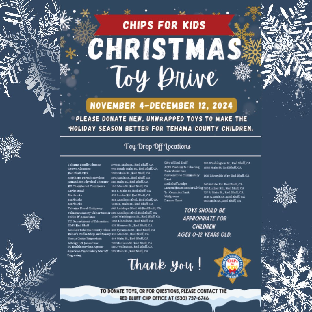 CHP_REDBLUFF's tweet photo. 🎅 Join the joy of giving this holiday season! 🎁 Participate in the Red Bluff CHP's Chips for Kids Toy Drive. Donate new unwrapped toys for children ages 0-12 by the 12th of December at drop off locations. Together, we can make spirits bright! #CHPRedBluff #NCCDI #TehamaCounty https://t.co/8DpeudoJ7w