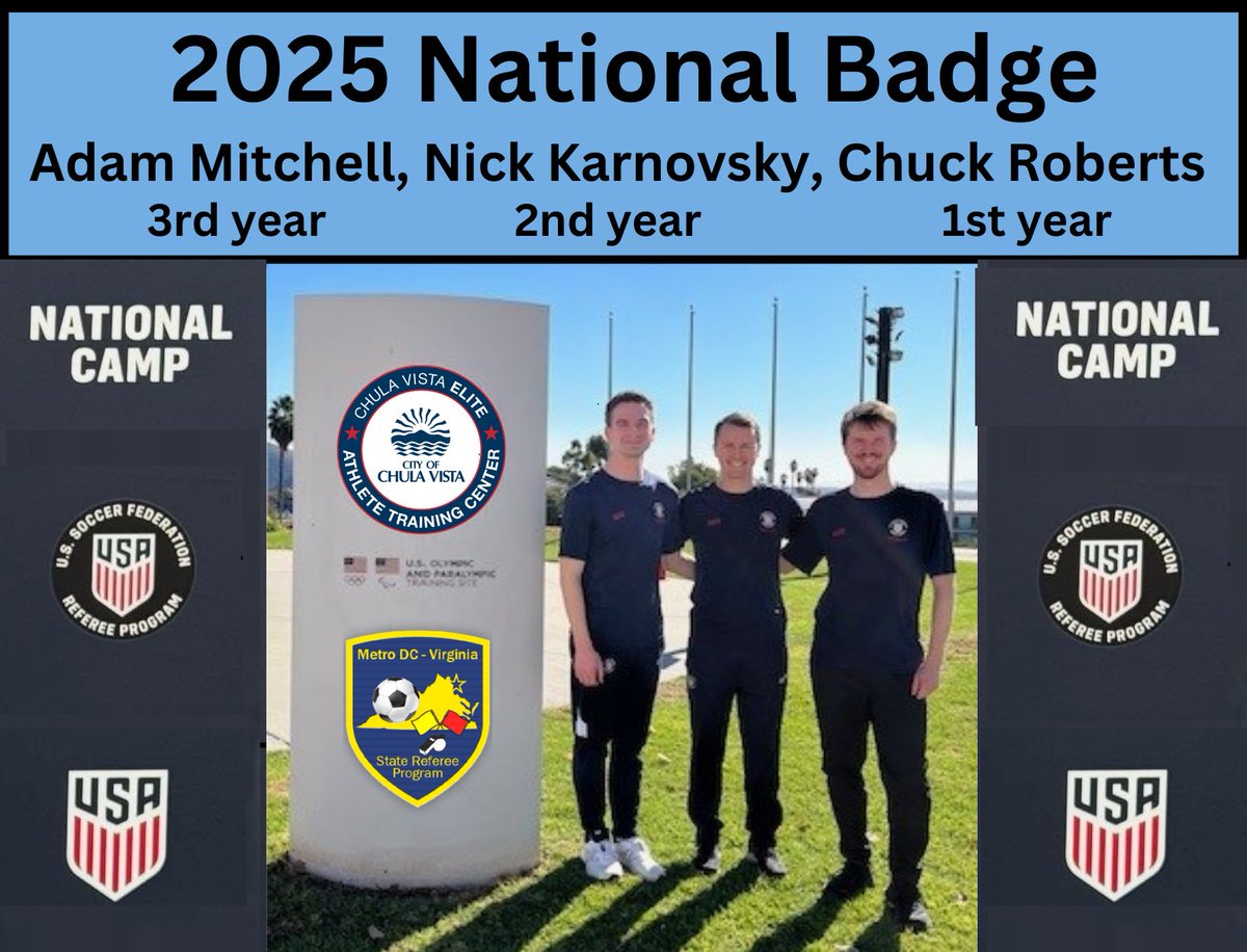 vadcrefs's tweet photo. Congratulations to our 2025 National Referees
Adam Mitchell - 3rd year as a National Referee
Nick Karnovsky - 2nd year as a National Referee
Chuck Roberts - 1st year as a National Referee
#2025NationalRef #MakeTheRightCall #newtheassignment @vayouthsoccer 
https://t.co/uMF3p0RUnM https://t.co/IJ3RFGJJMM