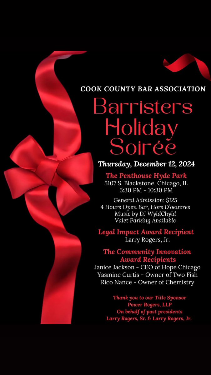 🎉 You’re Invited!🎉 

Join the Cook County Bar Association for the Barristers Holiday Soirée—a celebration bringing together lawyers, judges, law students, and legal professionals for an unforgettable evening!