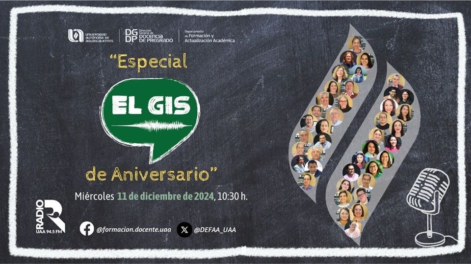 DEFAA_UAA's tweet photo. Este miércoles "El Gis" celebra su 31° Aniversario. ¡No se lo pierda! 11 de diciembre de 2024, a las 10:30 h. por Radio UAA 94.5 FM, por Internet en https://t.co/LDH7Pc35jt https://t.co/Q34xeGK0OM
