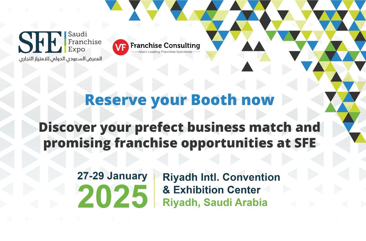 ConsultVf's tweet photo. 🚀 Bring Your Brand to Saudi Arabia at the Saudi Franchise Expo 2025! 🚀

👉 Register Here
🌐 https://t.co/xFeWGEi21K

Position your franchise for success in Saudi Arabia—your journey begins at SFE 2025! https://t.co/fzpNEC6zj8