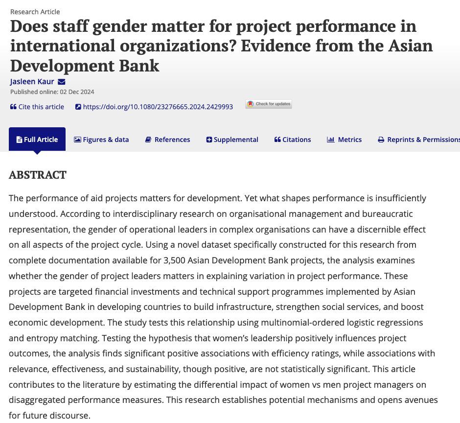 Hot off the press! Jasleen Kaur uses a novel dataset from 3,500 #ADB (Asian Development Bank) projects to examine whether the gender of project leaders matters in explaining variation in project performance  buff.ly/4g30X5j <a href="/journal_pad/">Public Admìnistration and Development</a> <a href="/PAReview/">PAR</a>