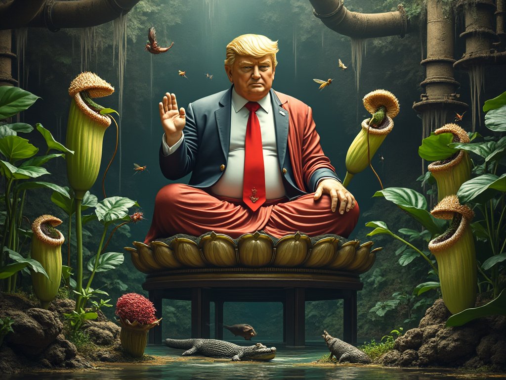 Complic8ed_X's tweet photo. Trump Contemplating how he is going to deal with the corruption of Swamp monsters, now that he has had a four year break from office, to get a clearer vision of what the DC Swamp is and how he should move fast and break things.
#AiArt #TrumpSecondTerm #EndForeverWar #RestoreFreeSpeech #AIArtistCommunity