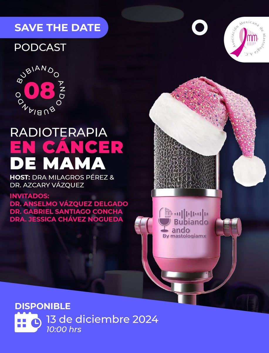 Falta poco! #Episodio 8 de nuestro #Podcast: "Radioterapía en cáncer de mama".
viernes 13 de diciembre 10:00 hrs.
Host: Dra. Milagros Pérez &amp; Dr. Azcary Vázquez
Invitados: Dra. Jessica Chávez, Dr. Anselmo Vázquez &amp; Dr. Gabriel Santiago
#Bubiandoando #podcast #AMM #spotify