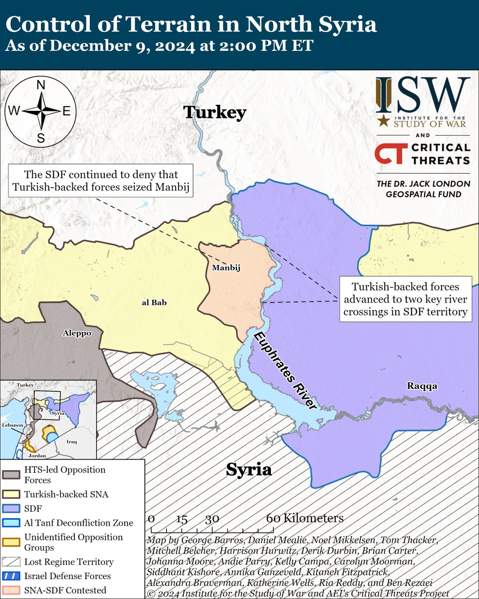 TheStudyofWar's tweet photo. MORE: The Kurdish-controlled, US-backed Syrian Democratic Forces (SDF) may face increased challenges governing Arab areas in northeastern Syria due to the emergence of the HTS-led transitional government as a viable alternative to the SDF. (1/3)