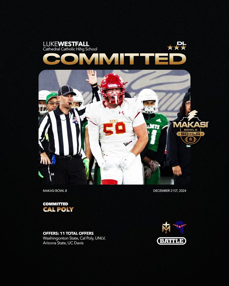 3⭐️ Cal Poly DL commit Luke Westfall (Cathedral Catholic HS) will represent San Diego in the Makasi Bowl 8 SD vs LA. Luke had over 11 D1 offers before committing to Cal Poly. He was one of the most dominant DL this year in SoCal. Saturday December 21 Makasi Bowl 8 don’t miss it!