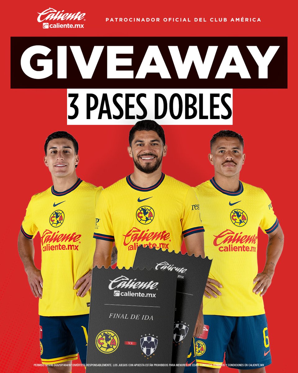 GIVEAWAY 🦅✨

¡VÁMONOS A LA FINAL DEL FUTBOL MEXICANO! 🤩

1️⃣ Dale ❤️ y RT 🔁
2️⃣ Entra al link para participar 📲instagram.com/p/DDYPAGrykI2/

TTYCC
🗣️Anunciaremos los elegidos el miércoles 11/Diciembre a las 14:00 horas (HC)
📱@caliente_sports contactará al ganador vía DM
🔞Solo
