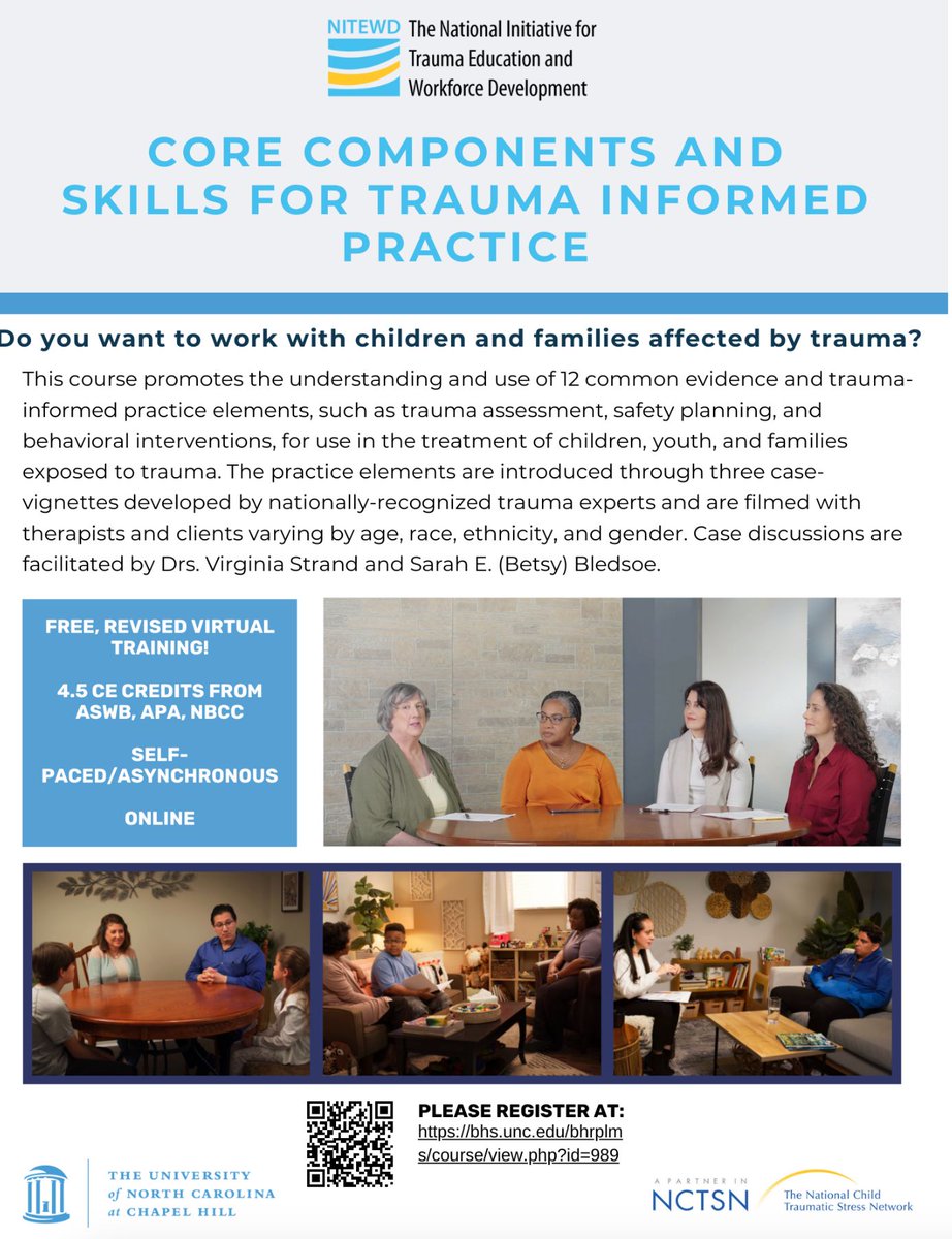 #CECREDIT #SSW #mentalhealth #NCTSN #UNC #HigherED #continuingeducationhours #Trauma #Therapy #NITEWD