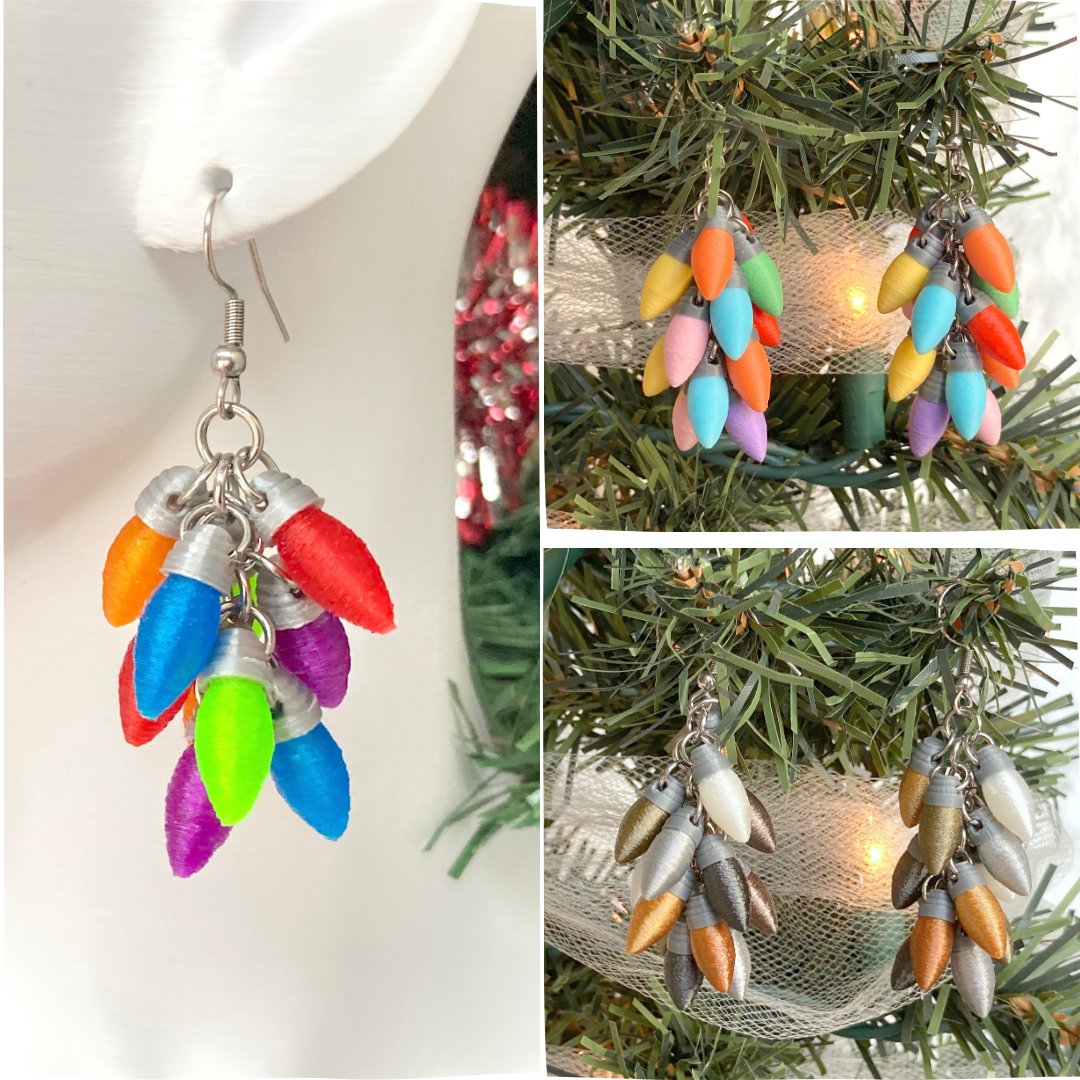 PenolopyBulnick's tweet photo. #3Dprinted light bulb cluster earrings! I really love how these came out and I tried them in a variety of color combinations! I think the multicolored (rainbow🌈) filament is my favorite. 

I have a tutorial on #Instructables https://t.co/F1M0uvJXhb

#3Dprinting #fashion https://t.co/dl4v7oRyca