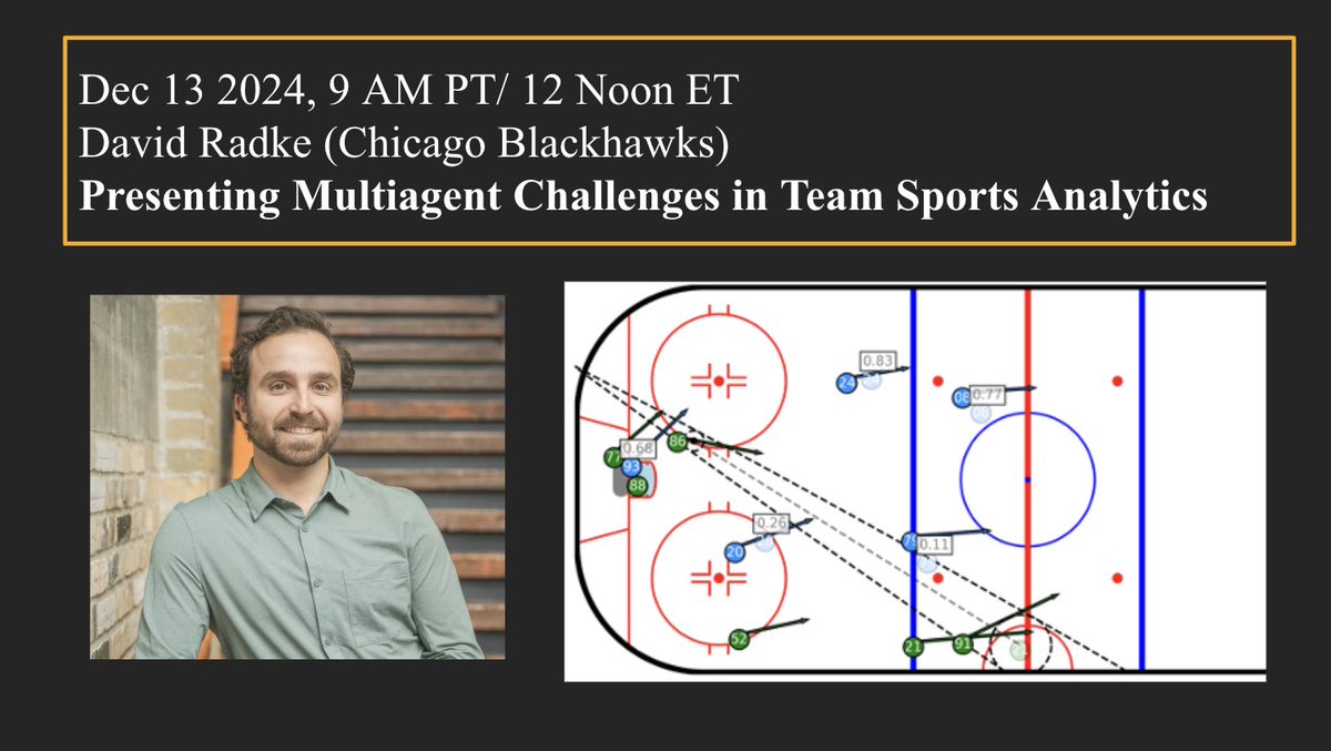 This Friday, we’re excited to host <a href="/DTRadke7/">Dave Radke</a> from <a href="/NHLBlackhawks/">Chicago Blackhawks</a>. David will be talking about “Multiagent challenges in Team Sports Analytics”. See y’all there!