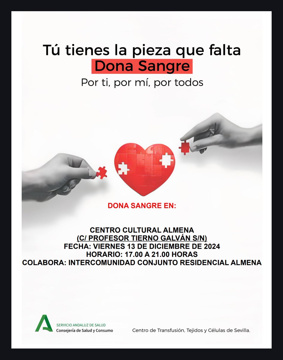 🎄 INFORMACIÓN🎄

El próximo Viernes día 13 de Diciembre a las 17:00h y hasta las 21:00h, tendremos en los salones de nuestro Centro Cultural a los amigos del <a href="/donantessevilla/">CTS Sevilla</a> <a href="/DonanteSangreSe/">DonanteSangreSevilla</a> para la donación anual de sangre.

¡¡Os esperamos!!

#DonarEsVida 
#DonaSangre