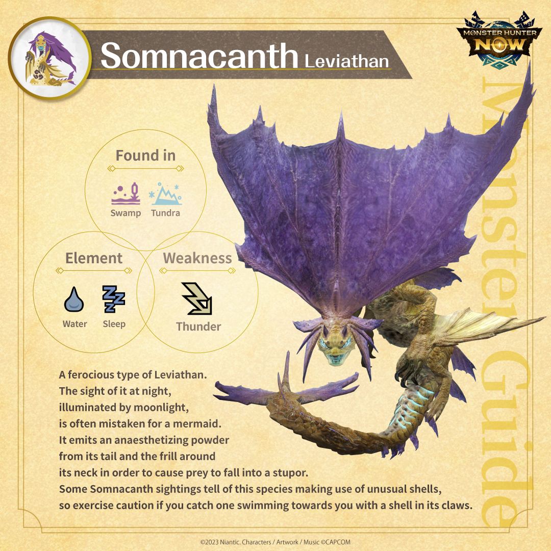 MH_Now_EN's tweet image. Puts you to sleep, leaving you defenseless against its devastating attacks!

#Somnacanth

In its enraged state, the range of its sleep powder increases. The Sleep Resistance skill offers a significant advantage!

Just a little longer to hunt Somnacanth!

#MHNow #MonsterGuideNow