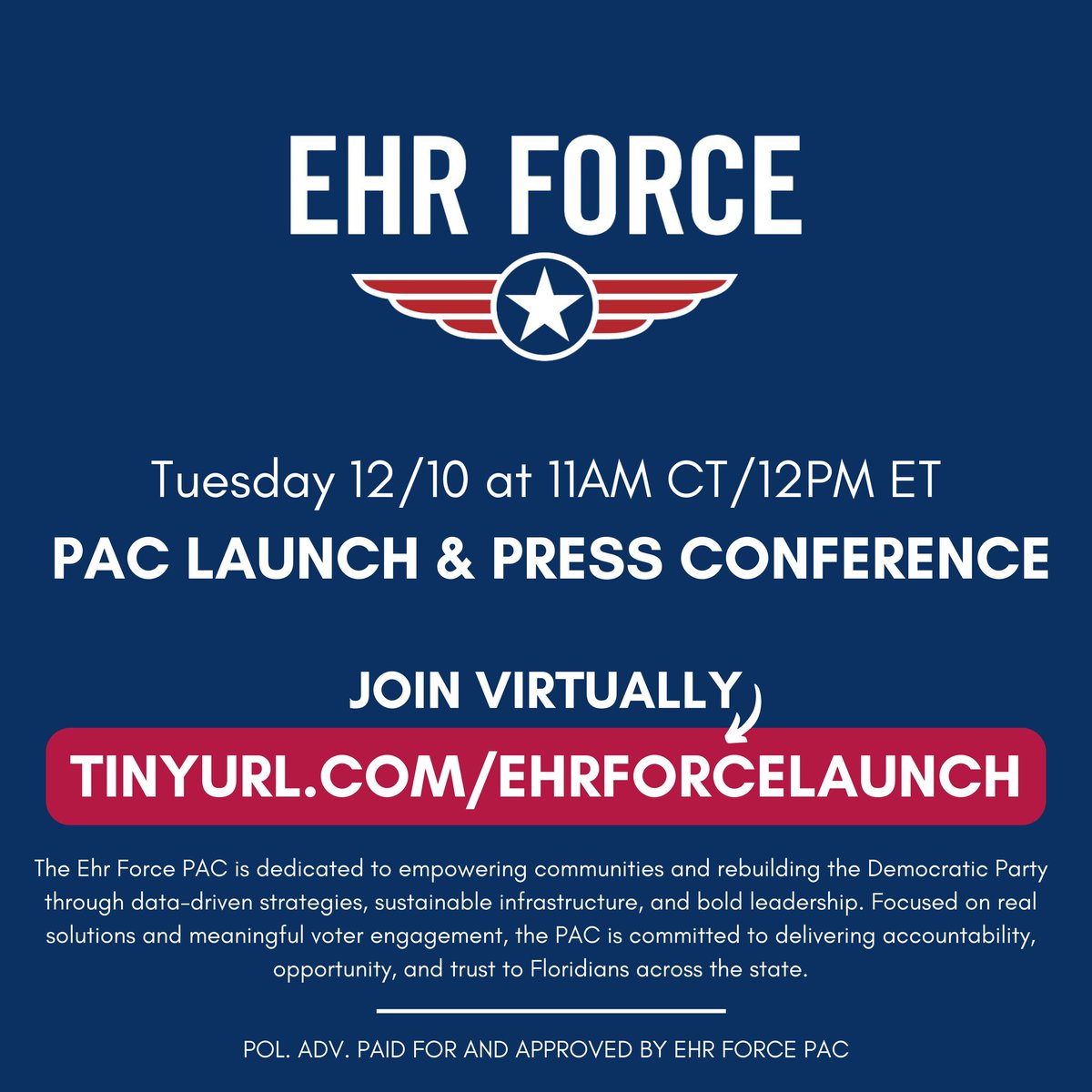 PhilEhr's tweet photo. Tomorrow, the #EhrForce PAC launches at 11 AM CT / 12 PM ET! Join us as we unveil bold strategies to rebuild the Democratic Party and empower communities across #Florida. Tune in virtually: https://t.co/LXvsp0g1zd #FlaPol https://t.co/N8bRVdgwLE