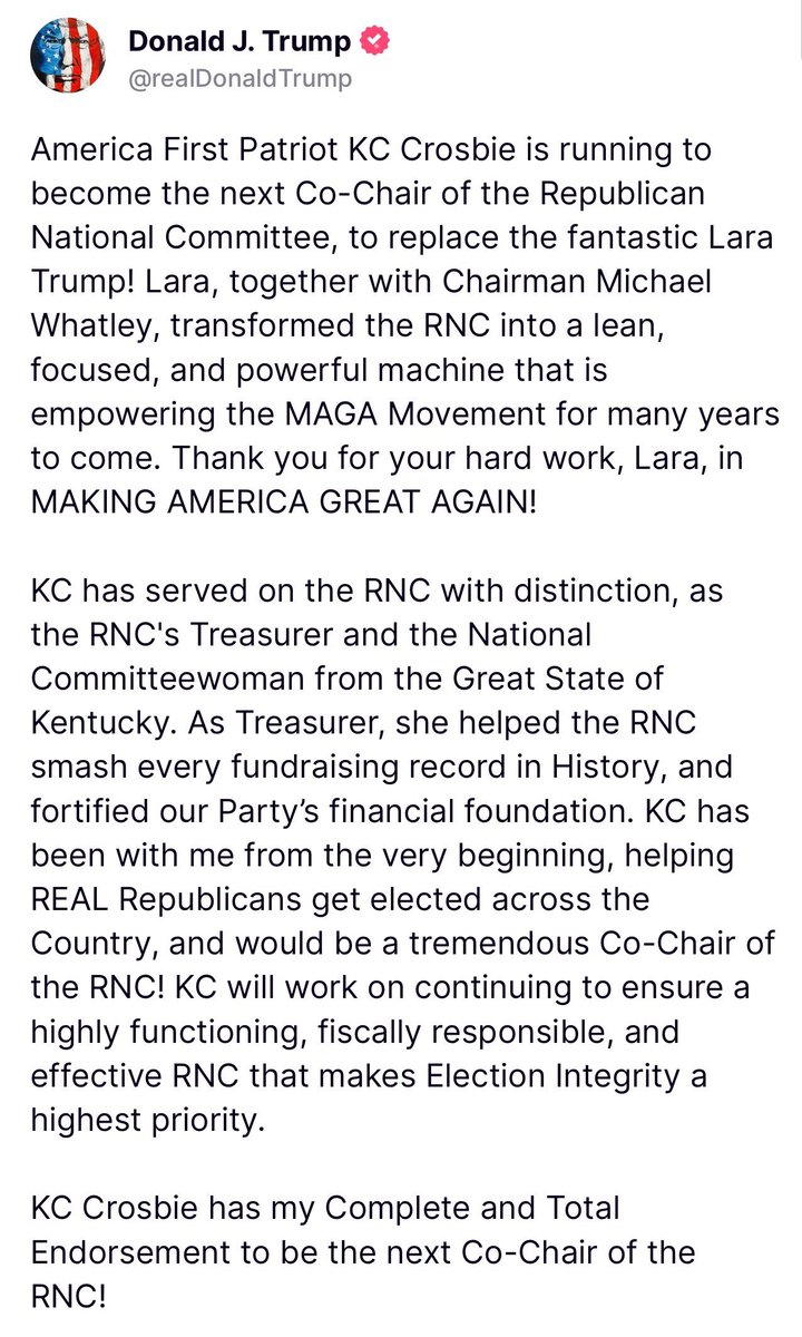 NEW: President Donald J. Trump endorses KC Crosbie for co-chair of the Republican National Committee <a href="/kc4gop/">K.C. Crosbie</a>